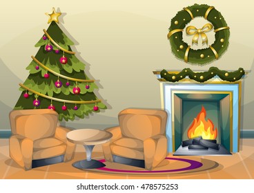 cartoon vector illustration interior Christmas room with separated layers in 2d graphic