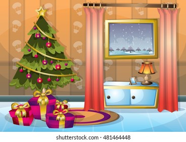 cartoon vector illustration interior Christmas room with separated layers in 2d graphic