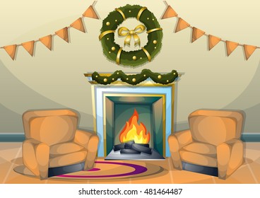 cartoon vector illustration interior Christmas room with separated layers in 2d graphic