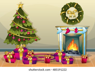 cartoon vector illustration interior Christmas room with separated layers in 2d graphic