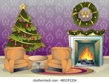 cartoon vector illustration interior Christmas room with separated layers in 2d graphic