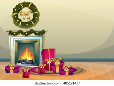 cartoon vector illustration interior Christmas room with separated layers in 2d graphic