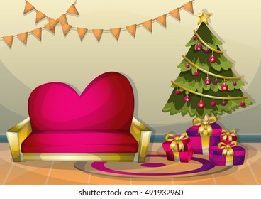 cartoon vector illustration interior Christmas room with separated layers in 2d graphic