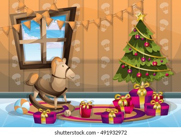 cartoon vector illustration interior Christmas room with separated layers in 2d graphic