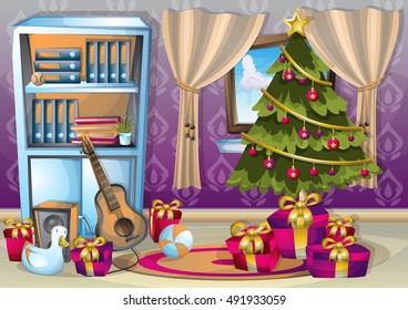 cartoon vector illustration interior Christmas room with separated layers in 2d graphic