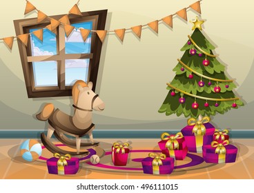 cartoon vector illustration interior Christmas room with separated layers in 2d graphic