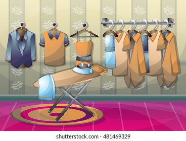 cartoon vector illustration interior clothing room with separated layers in 2d graphic