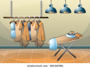 cartoon vector illustration interior clothing room with separated layers in 2d graphic