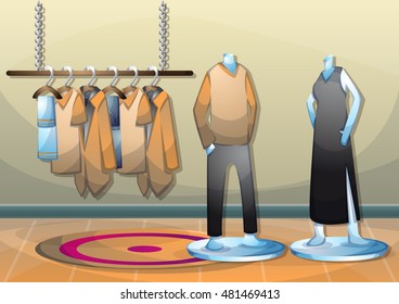 cartoon vector illustration interior clothing room with separated layers in 2d graphic