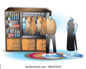 cartoon vector illustration interior clothing room with separated layers in 2d graphic