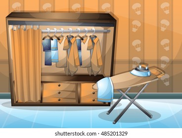 cartoon vector illustration interior clothing room with separated layers in 2d graphic