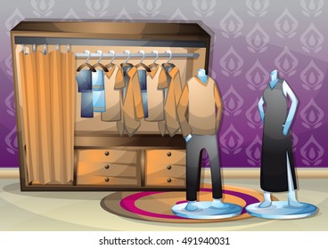cartoon vector illustration interior clothing room with separated layers in 2d graphic