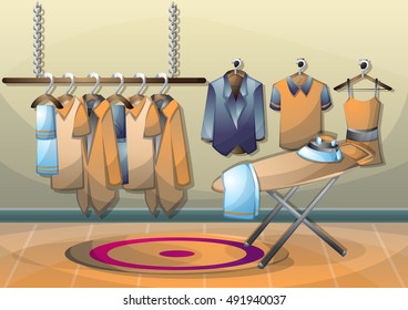cartoon vector illustration interior clothing room with separated layers in 2d graphic