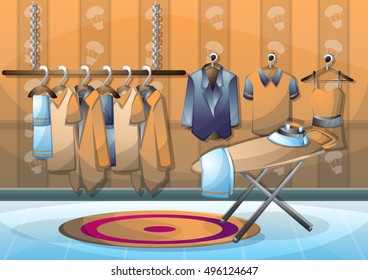 cartoon vector illustration interior clothing room with separated layers in 2d graphic