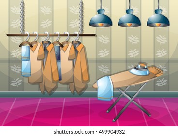 cartoon vector illustration interior clothing room with separated layers in 2d graphic