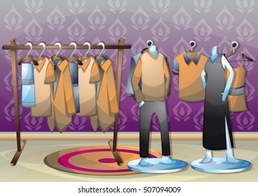 cartoon vector illustration interior clothing room with separated layers in 2d graphic