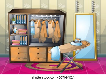 cartoon vector illustration interior clothing room with separated layers in 2d graphic