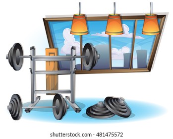cartoon vector illustration interior fitness room with separated layers in 2d graphic