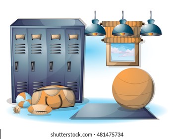 cartoon vector illustration interior fitness room with separated layers in 2d graphic