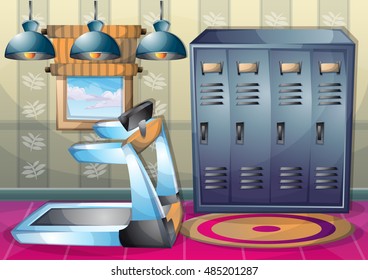 cartoon vector illustration interior fitness room with separated layers in 2d graphic