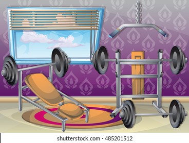 cartoon vector illustration interior fitness room with separated layers in 2d graphic