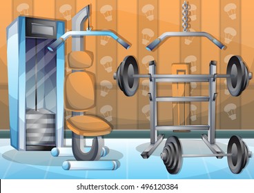 cartoon vector illustration interior fitness room with separated layers in 2d graphic