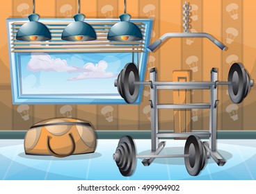 cartoon vector illustration interior fitness room with separated layers in 2d graphic