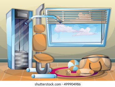 cartoon vector illustration interior fitness room with separated layers in 2d graphic