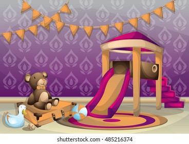 cartoon vector illustration interior kid room with separated layers in 2d graphic