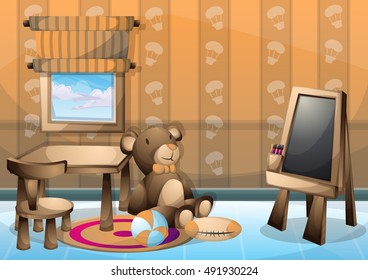 cartoon vector illustration interior kid room with separated layers in 2d graphic