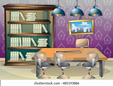 cartoon vector illustration interior library room with separated layers in 2d graphic