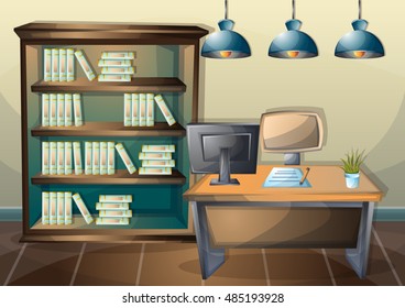 cartoon vector illustration interior library room with separated layers in 2d graphic