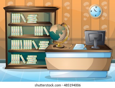 cartoon vector illustration interior library room with separated layers in 2d graphic
