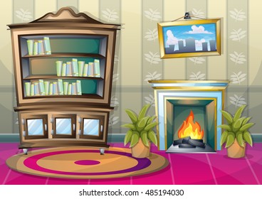cartoon vector illustration interior library room with separated layers in 2d graphic