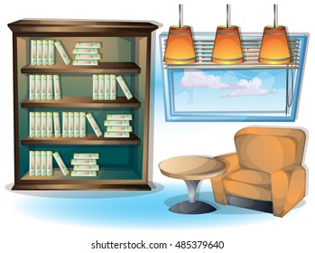cartoon vector illustration interior library room with separated layers in 2d graphic