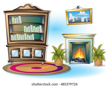 cartoon vector illustration interior library room with separated layers in 2d graphic