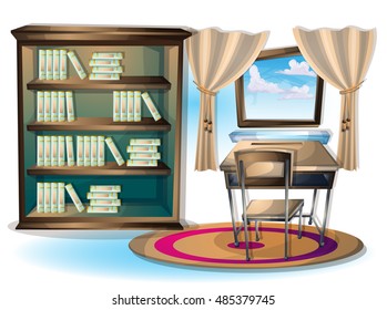 cartoon vector illustration interior library room with separated layers in 2d graphic