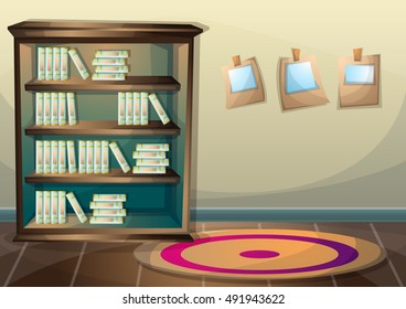 cartoon vector illustration interior library room with separated layers in 2d graphic