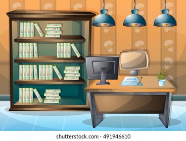 cartoon vector illustration interior library room with separated layers in 2d graphic