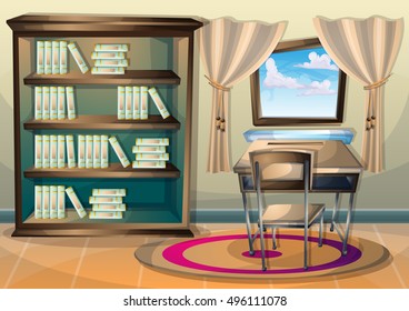 cartoon vector illustration interior library room with separated layers in 2d graphic