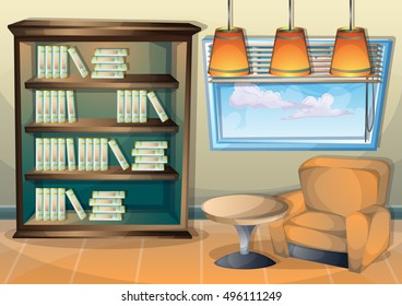 cartoon vector illustration interior library room with separated layers in 2d graphic