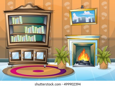 cartoon vector illustration interior library room with separated layers in 2d graphic
