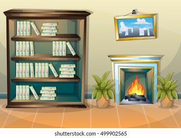 cartoon vector illustration interior library room with separated layers in 2d graphic