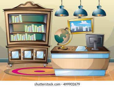 cartoon vector illustration interior library room with separated layers in 2d graphic
