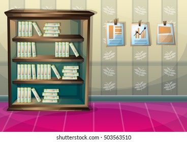 cartoon vector illustration interior library room with separated layers in 2d graphic
