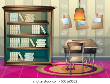 cartoon vector illustration interior library room with separated layers in 2d graphic