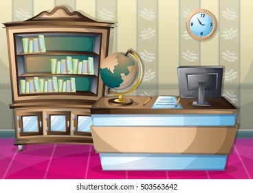 cartoon vector illustration interior library room with separated layers in 2d graphic