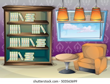cartoon vector illustration interior library room with separated layers in 2d graphic