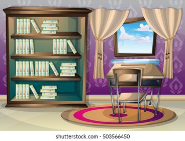 cartoon vector illustration interior library room with separated layers in 2d graphic