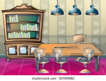 cartoon vector illustration interior library room with separated layers in 2d graphic